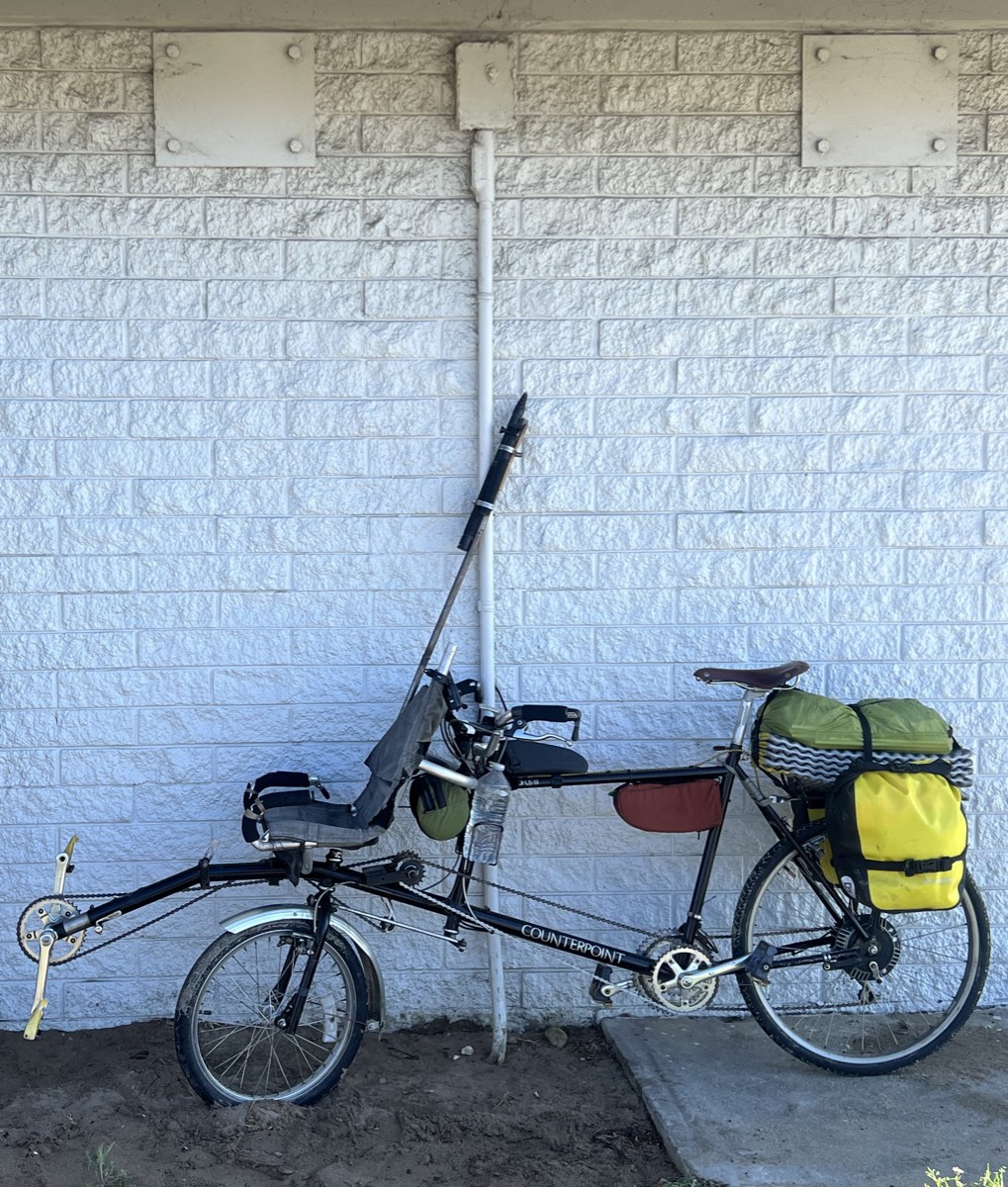 Semi-recumbent tandem bicycle: a custom-built tandem with a recumbent front rider position.