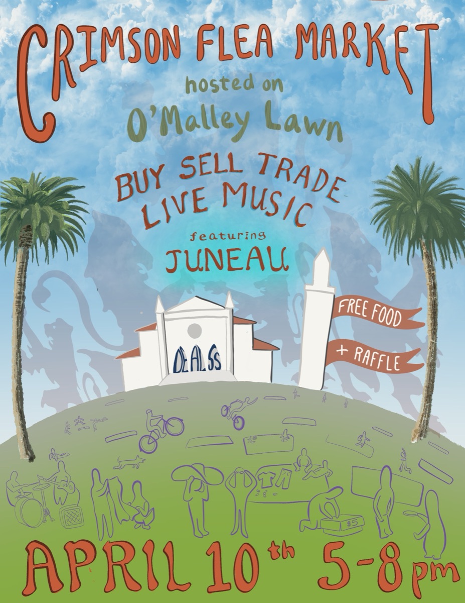 Crimson Flea Market poster: hand-illustrated event flyer announcing a buy-sell-trade market on O'Malley Lawn with live music, free food and a raffle, set against palm trees and a sunlit chapel.