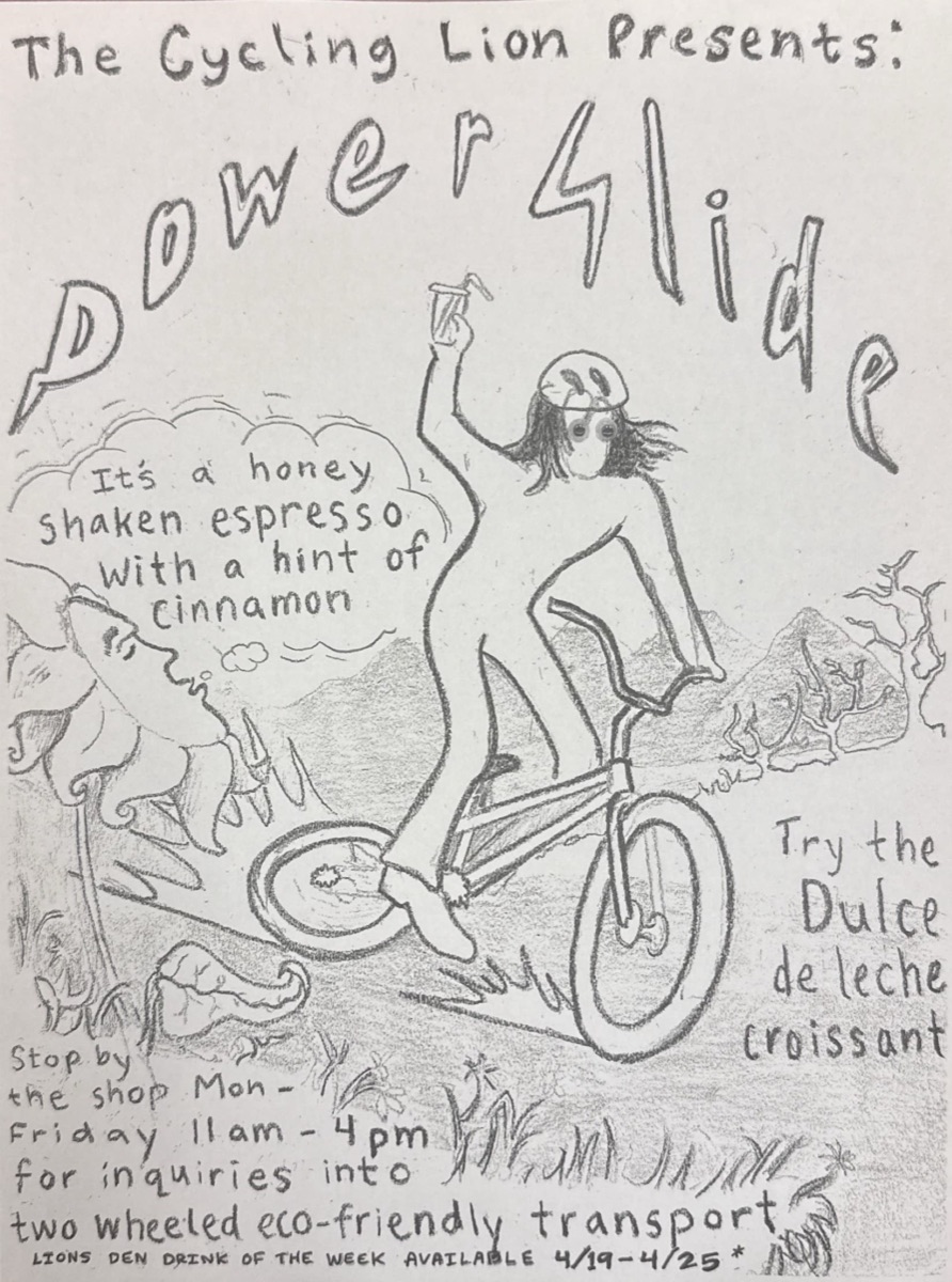 Power Slide flyer: a pencil-drawn promo for a coffee drink from The Cycling Lion, featuring a rider on a bike with a drink in hand and a desert horizon behind.