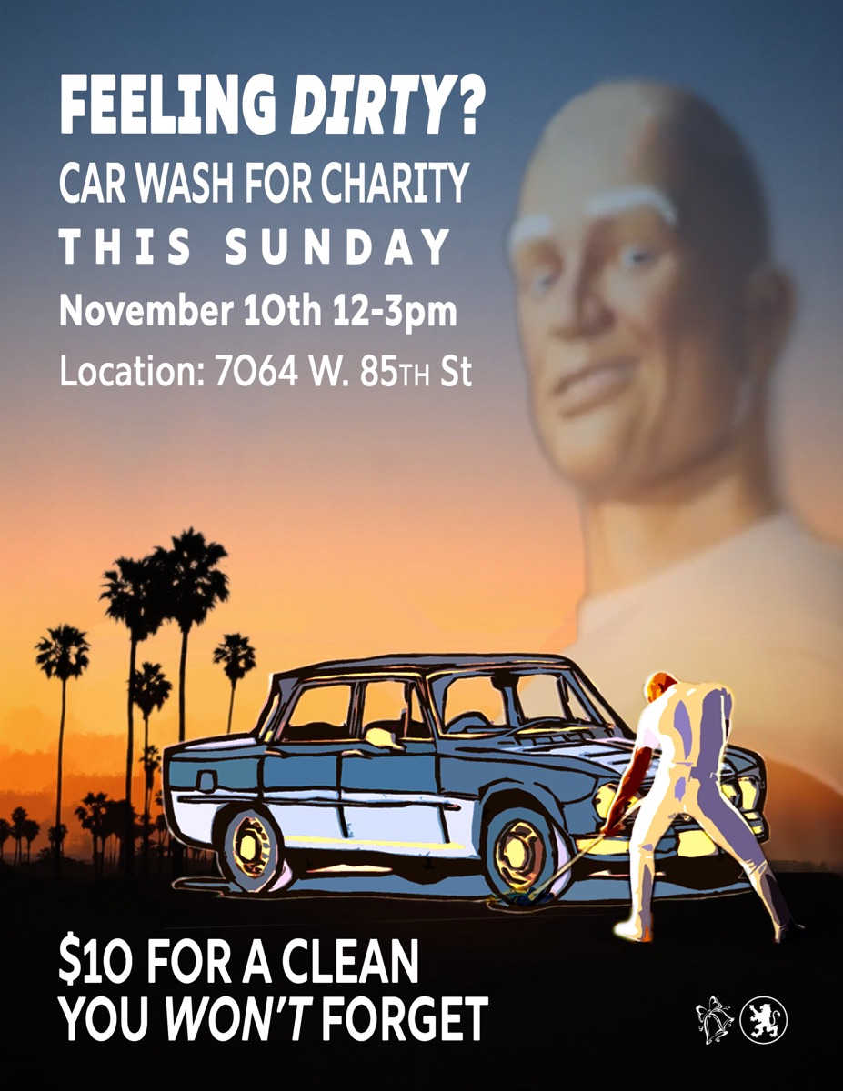 Feeling Dirty? Car Wash for Charity: a sunset palm-tree scene with a vintage sedan, illustrated typography, and date and location details.