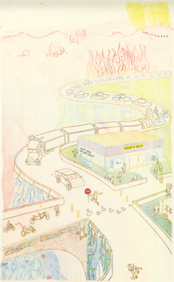 External Abandonment: a four-color aluminum plate lithograph of a Los Angeles freeway interchange viewed from above, with the Hollywood Hills on fire in the distance and small figures on bicycles below.