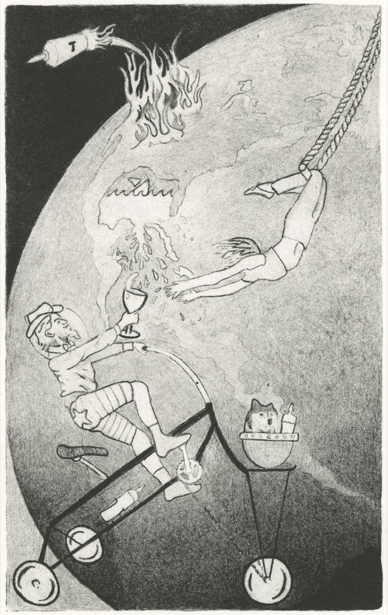 Gulf of America: a black-and-white aluminum plate lithograph of a figure pedaling a bicycle around a globe, with a rocket overhead and flames on the earth's surface.