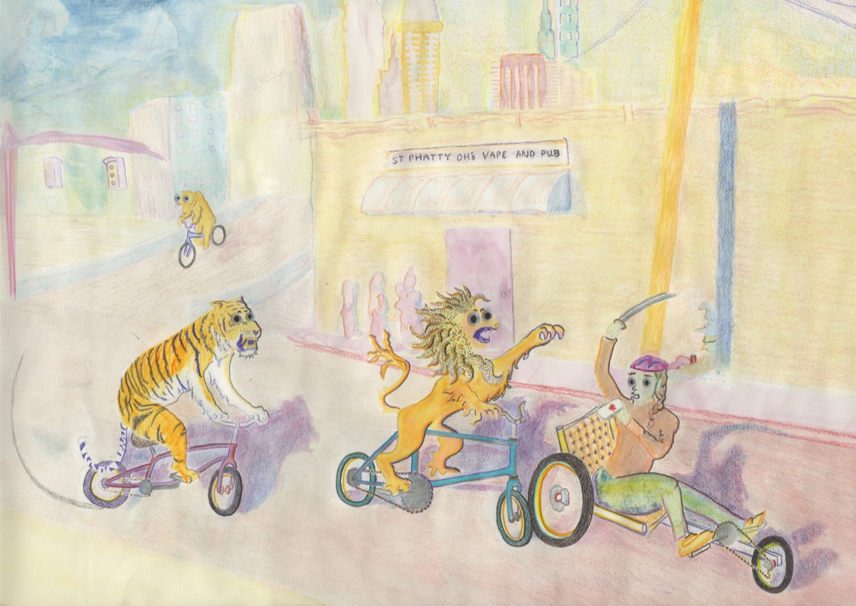 St. Phatty's: a watercolor and colored-pencil drawing of a tiger, a lion, and a rider on bicycles racing past a storefront labeled 'St. Phatty Oh's Vape and Pub'.