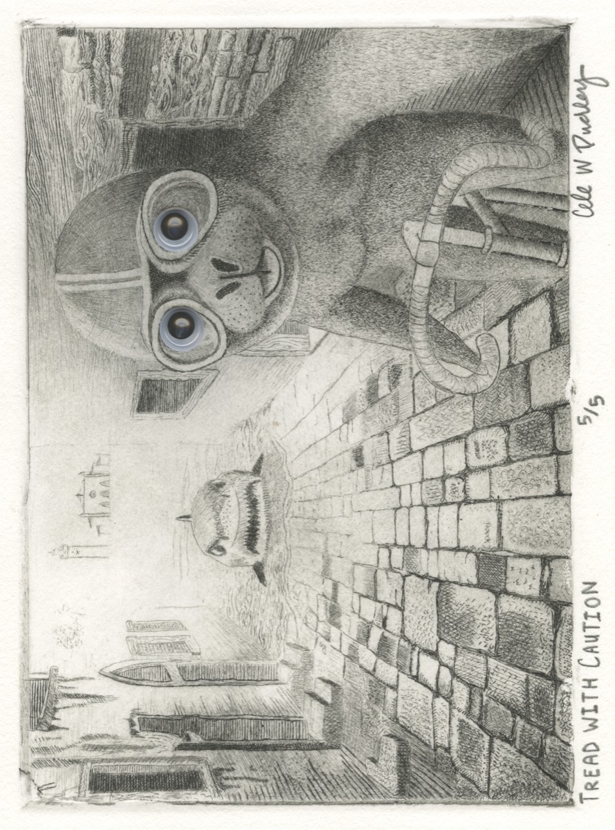 Tread with Caution: an acrylic relief etching of a sphinx-like creature seated in front of a brick wall, signed and titled along the right edge. Edition 5/5.